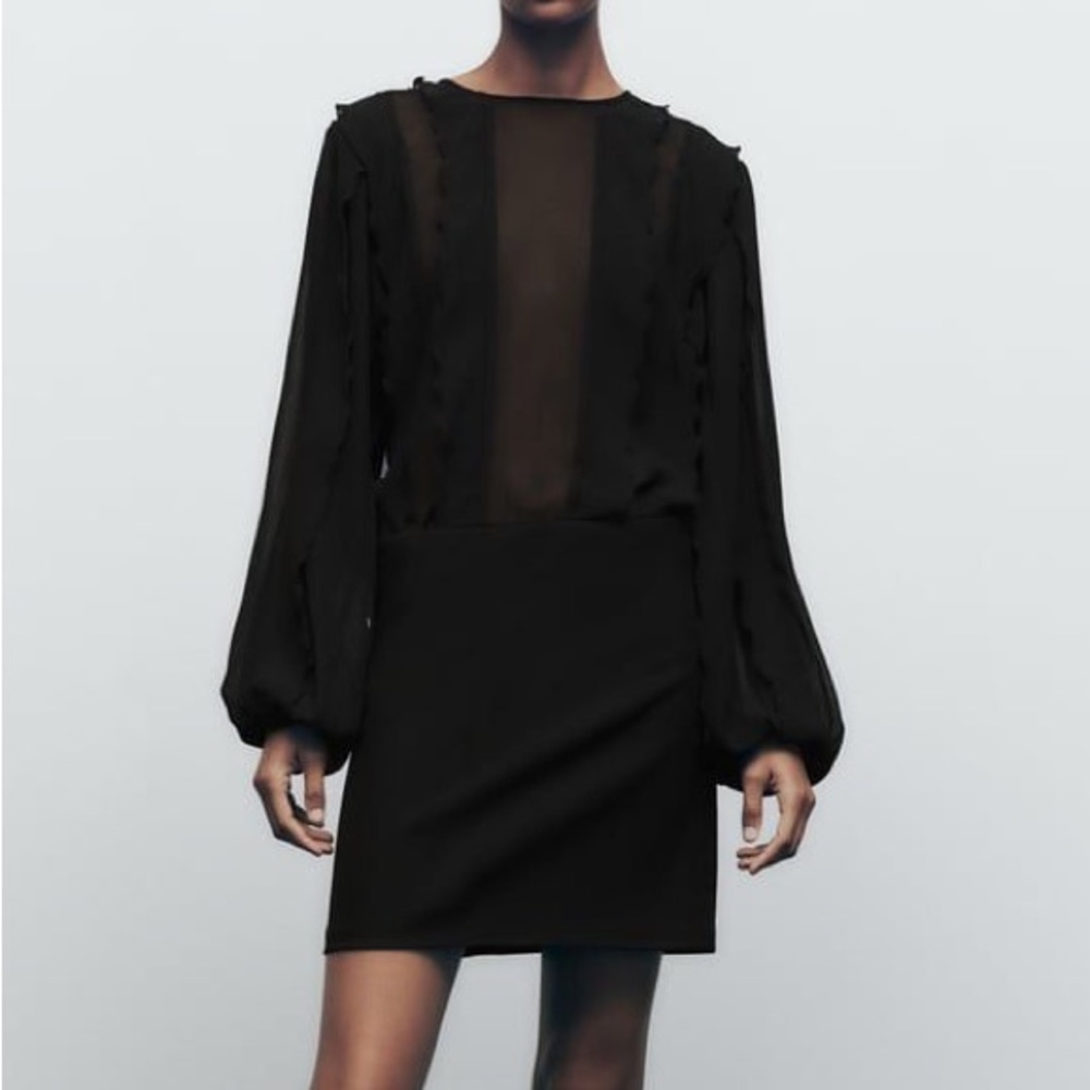 Zara black short sheer ruffle sleeve dress
